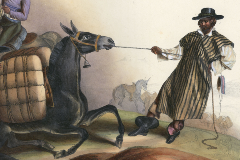 Image of man pulling donkey from the Old Spanish Trail Featured Exhibit Page